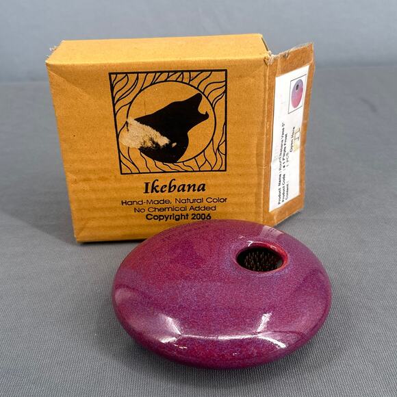 Ikebana Round Flower Vase 5” Purple Handmade Ceramic Kenzan Japan Style Frog Zen - Picture 2 of 15